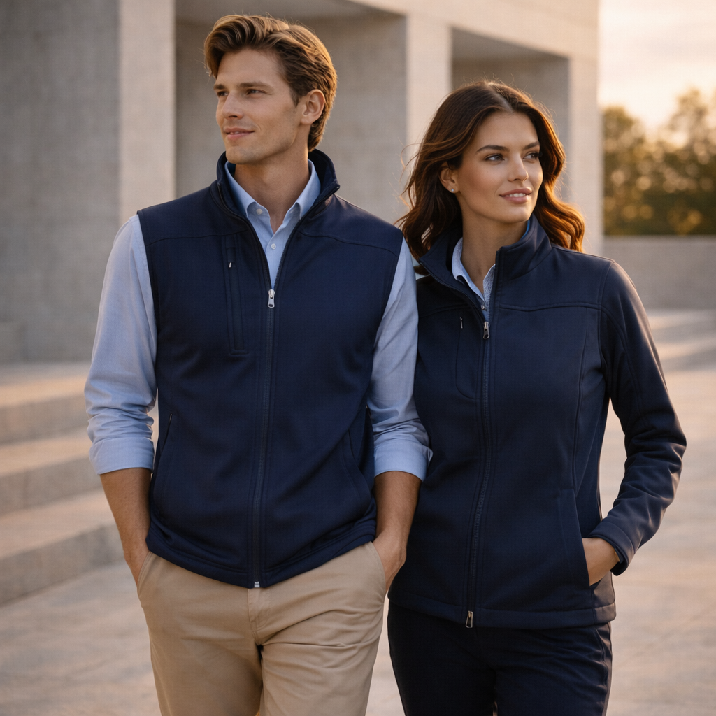 Navy blue zip-front fleece vest in ladies UTech SoftShell Jacket