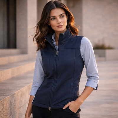 Biz collection women’s softshell vest j29123 in navy blue over light blue shirt