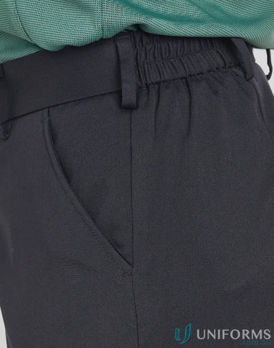 Dark gray ladies utility cargo trousers with elastic waist and side pockets