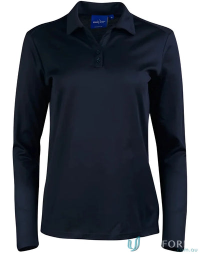 Navy blue long-sleeved polo shirt.