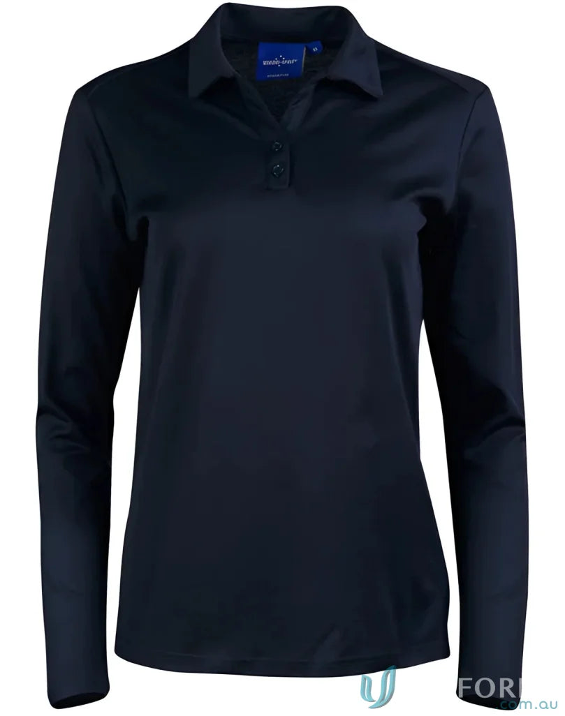 Navy blue long-sleeved polo shirt.