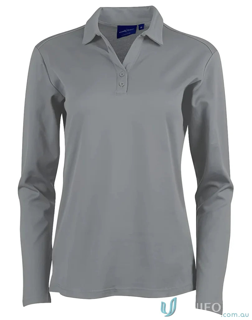 Gray Ladies Victory LS Polo made with truedry® mesh fabric and natural cotton backing