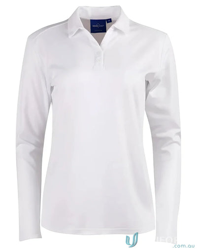 White Ladies Victory LS Polo made with Trudry® mesh fabric and natural cotton backing