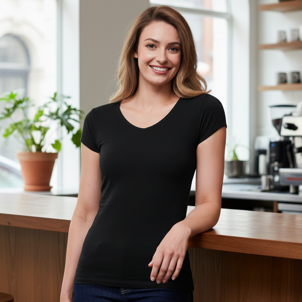 Black short-sleeved v-neck Ladies Viva Tee from Biz Collection Ladies