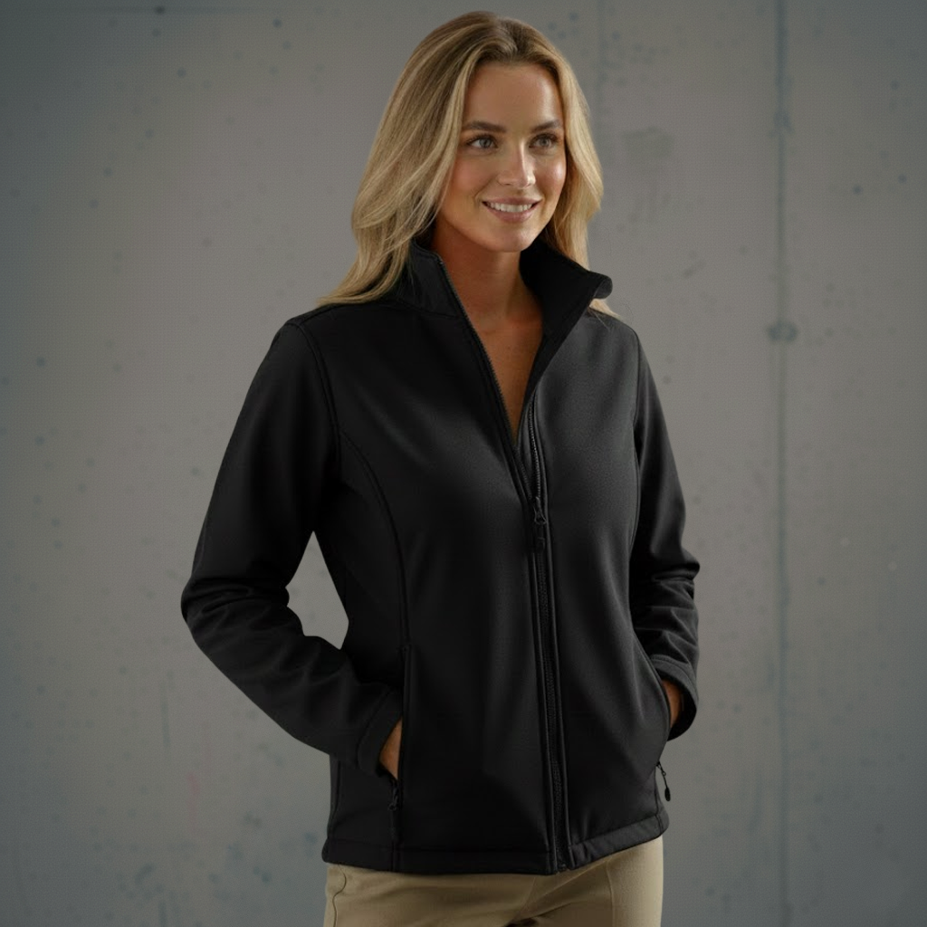 Jb’s ladies water-resistant 3-layer 245gsm softshell black zip-up fleece jacket