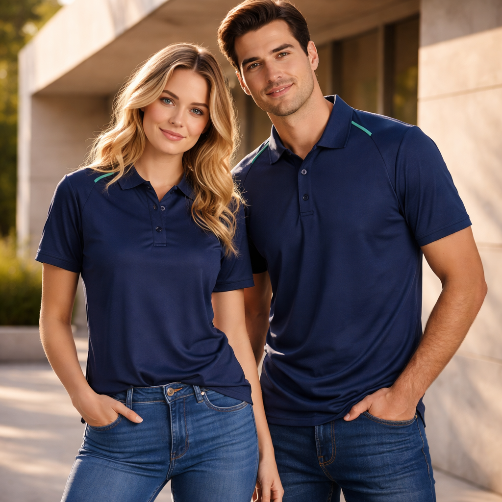 Ladies Watsonia polo in navy blue with teal accent stitching, Biz Collection P012LS