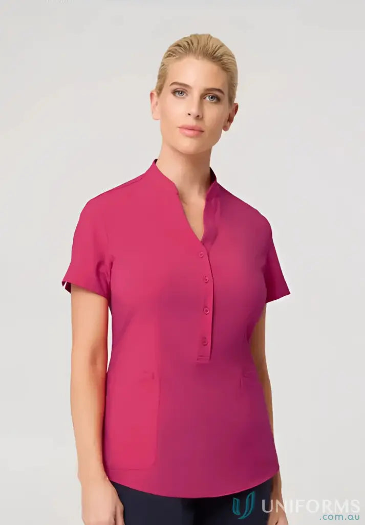 Magenta short-sleeved button-up shirt from City Collection Ladies Zip Tunic in recycled polyester