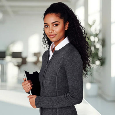 Biz collection ladies zip cardigan in dark gray texture over white shirt