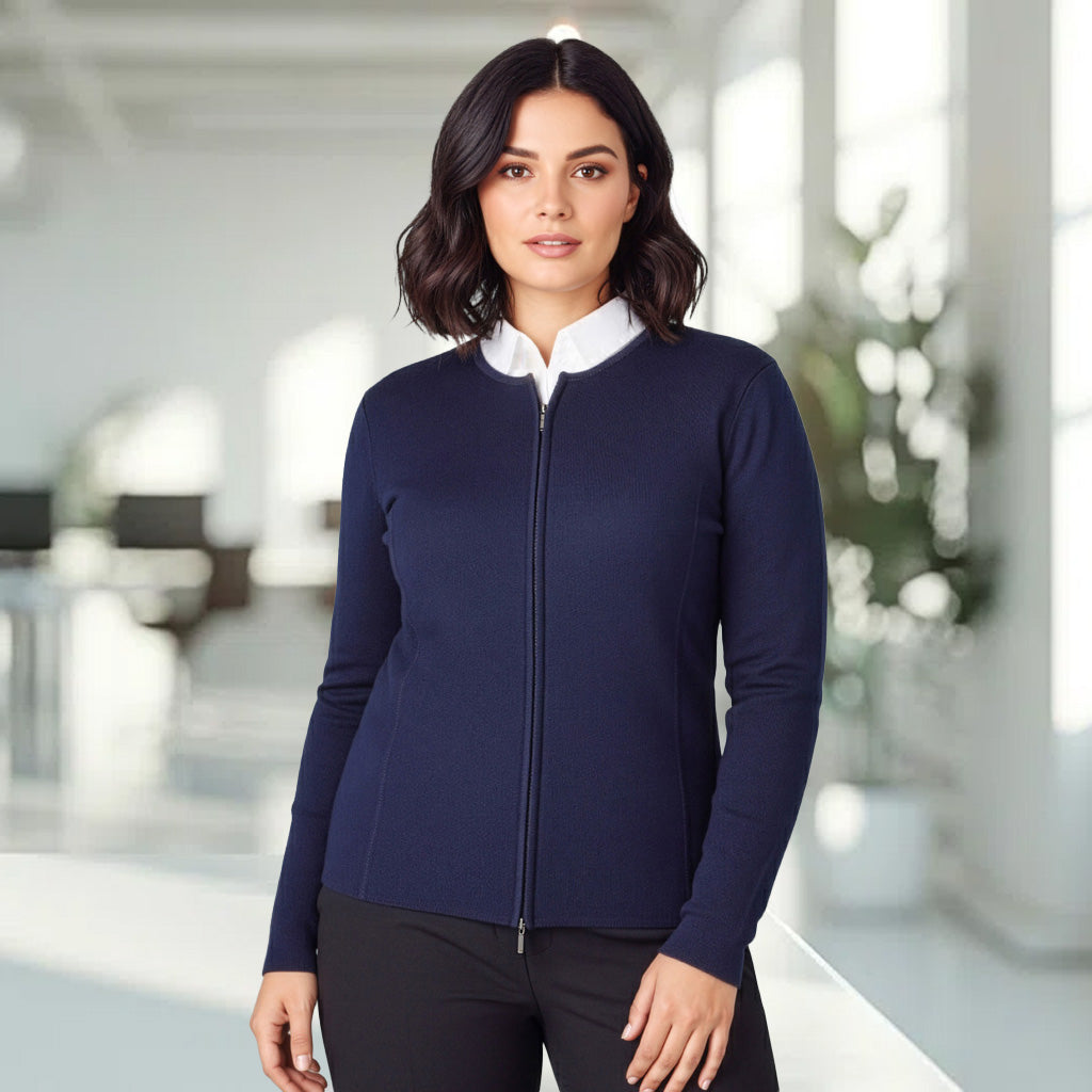 Navy blue ladies zip cardigan with white collar, Biz Collection style