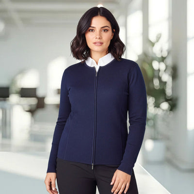 Navy blue ladies zip cardigan with white collar, Biz Collection style