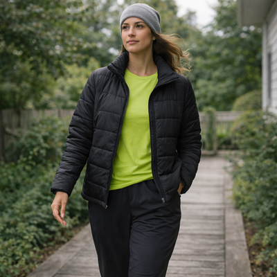 Black quilted puffer jacket with high collar and front zipper perfect for workwear and uniforms layered over green top