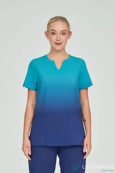 LadiesSea sea blue ombre scrub top with princess seams and welt pocket