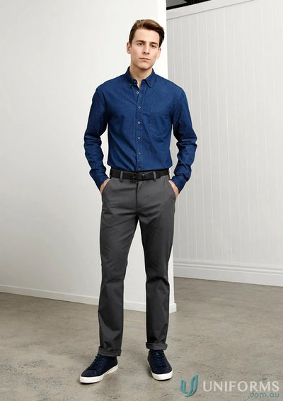 Man in blue shirt and gray Lawson Stretch Chino Pants from Biz Collection Mens