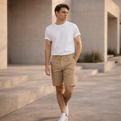 Man in Lawson stretch chino short, white tee, sneakers