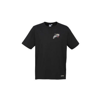 Black short-sleeved t-shirt.