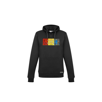 Black hooded sweatshirt with colorful graphic.