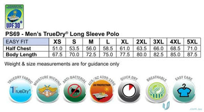 Men’s dry fashion long sleeve polo sizing chart and fabric details for Legend Air L/S Polo