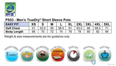 Mens polo shirt size chart with fabric details for ps53 Legend Mens Truedry short sleeve polo