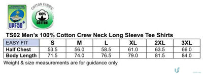 Men’s long sleeve cotton jersey tee shirt size chart for workwear and uniforms