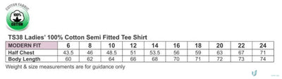 Ladies T-shirt size chart with combed cotton for uniforms and workwear fits