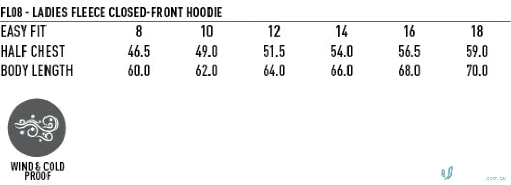 Ladies fleece hoodie size chart for LIDS PRINT Navy hoodie, perfect for workwear or uniforms