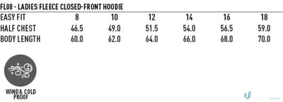 Ladies fleece hoodie size chart for LIDS PRINT Navy hoodie, perfect for workwear or uniforms