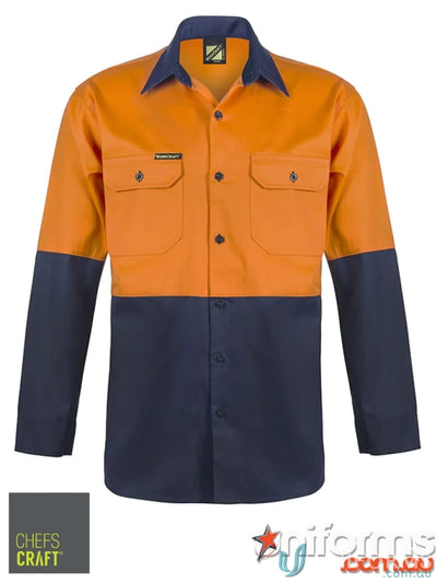 Orange and navy blue lightweight vented cotton drill shirt with chest pockets