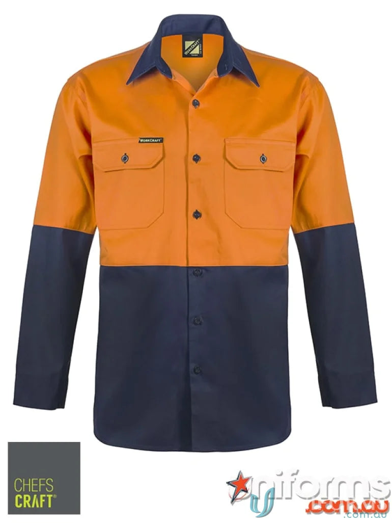 Orange and navy blue lightweight vented cotton drill shirt with chest pockets