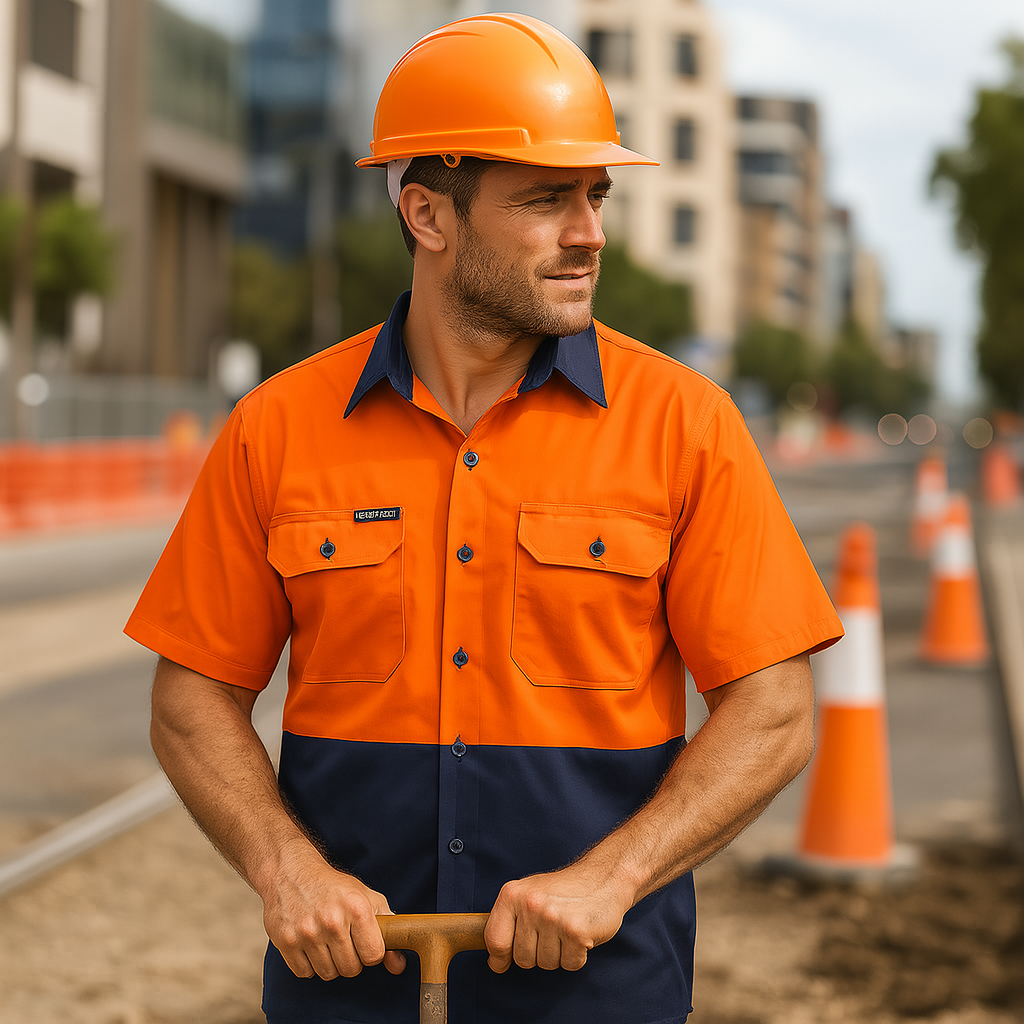 Lightweight HiVis orange/navy vented cotton drill shirt front view