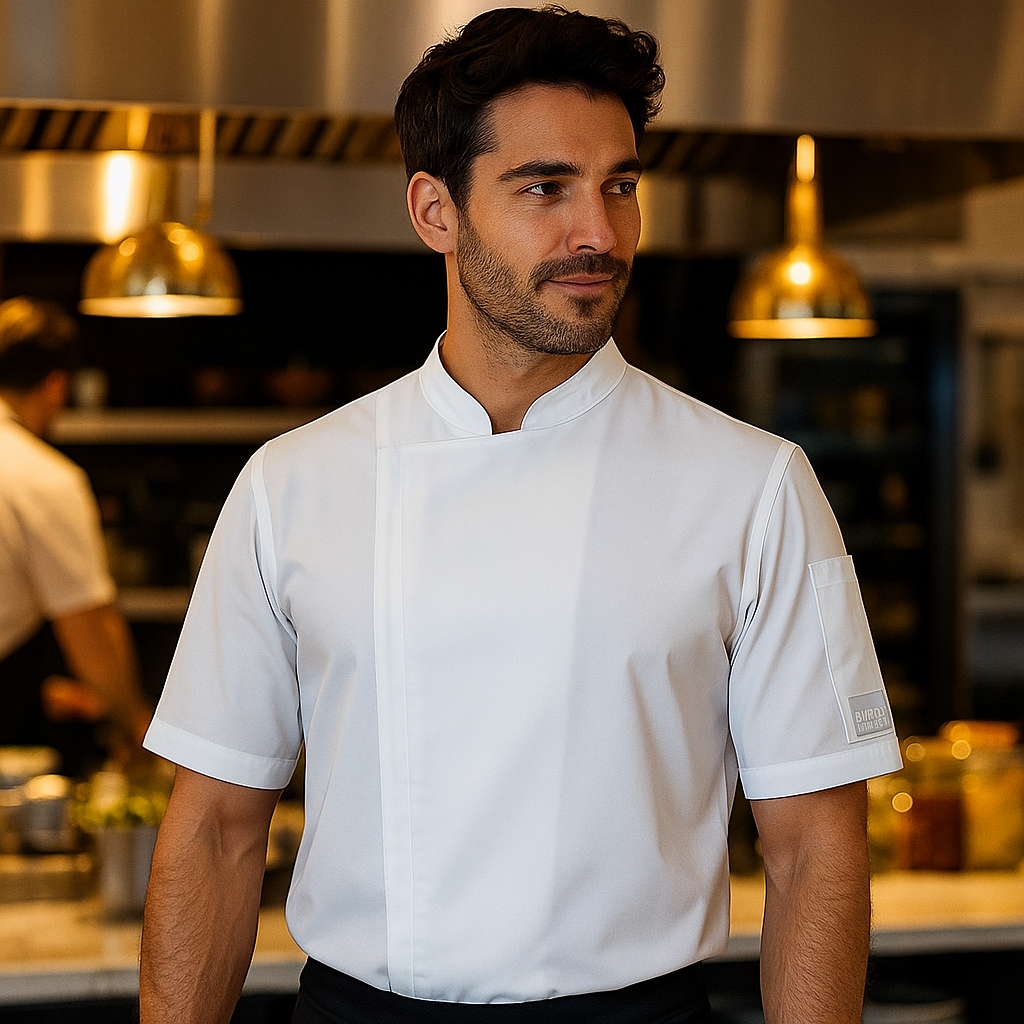 White slim fit zip closure chef jacket with stand-up collar patch