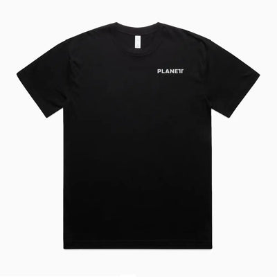 Lob oversize tee: black short-sleeve with white planet logo, wide neck ribbing