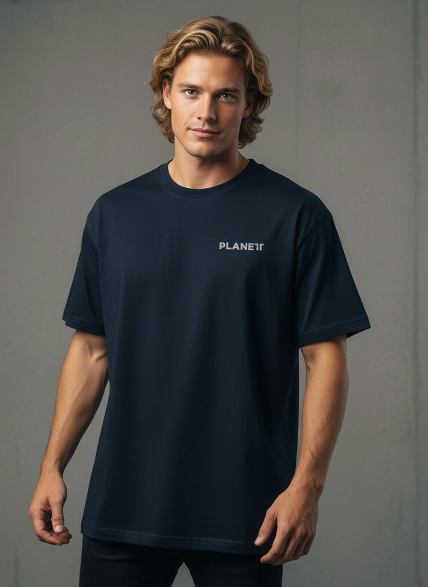 Navy blue Lob Oversize Tee with white planet logo on chest