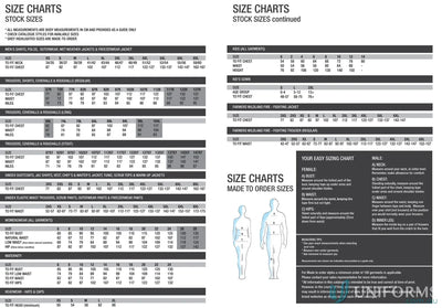 Clothing size chart for Long Length Dust Coat with mandarin collar uniforms