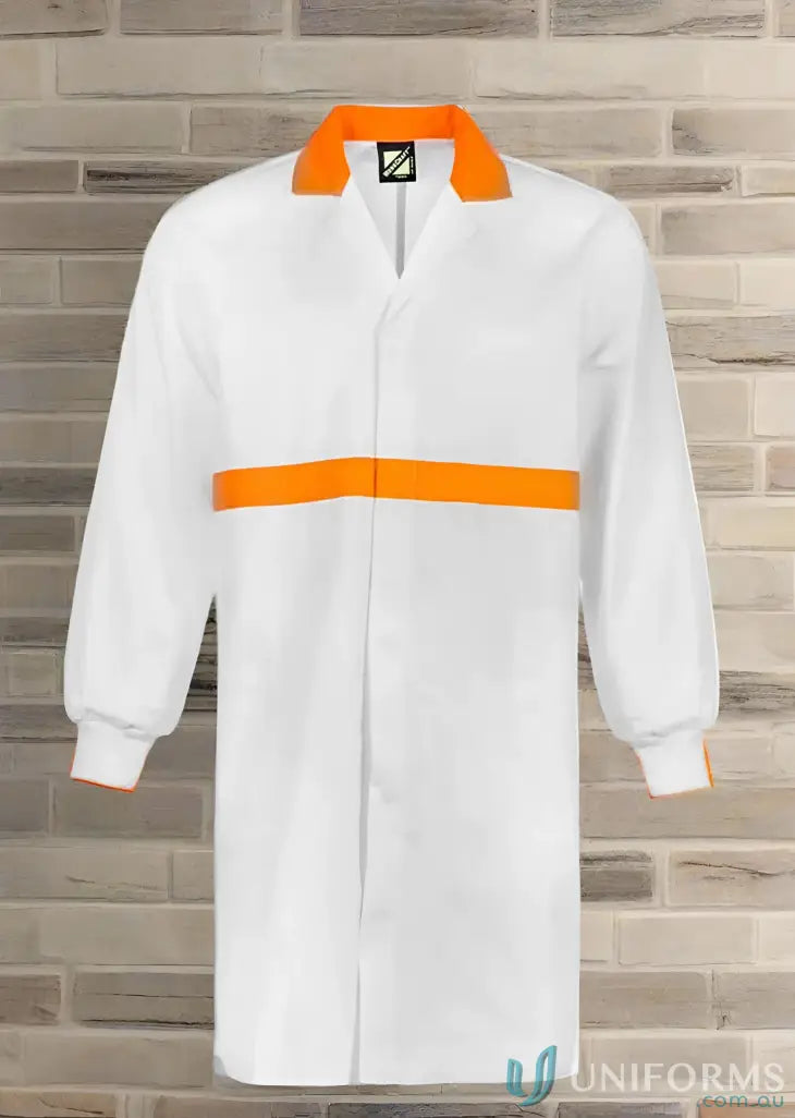 White long length dustcoat with orange trim and seam pockets for food production workers