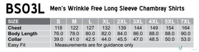 Winning Spirit Mens Chambray Long Sleeve Shirt size chart for wrinkle-free long-sleeve chambray long shirts