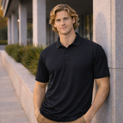 Black ps39 Longbeach Polo shirt back view, winning spirit cotton