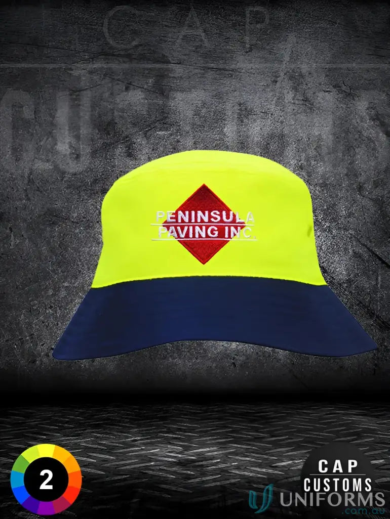 Luminescent Safety Bucket Hat in yellow and navy for workwear and uniforms, faq link included