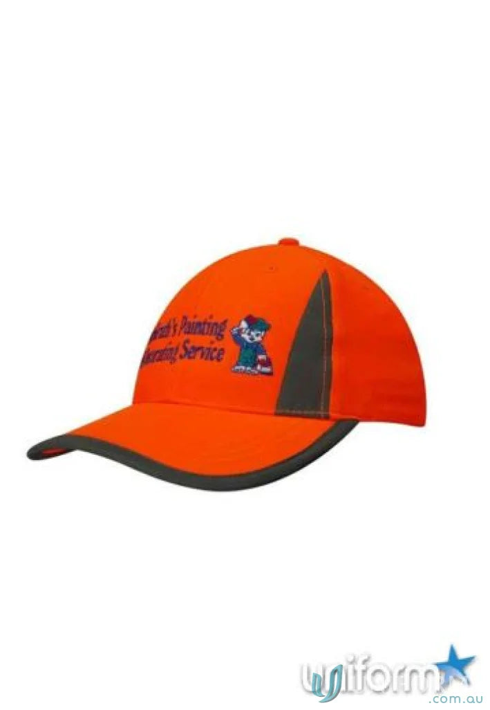 Luminescent safety cap in bright orange with gray brim and cartoon logo
