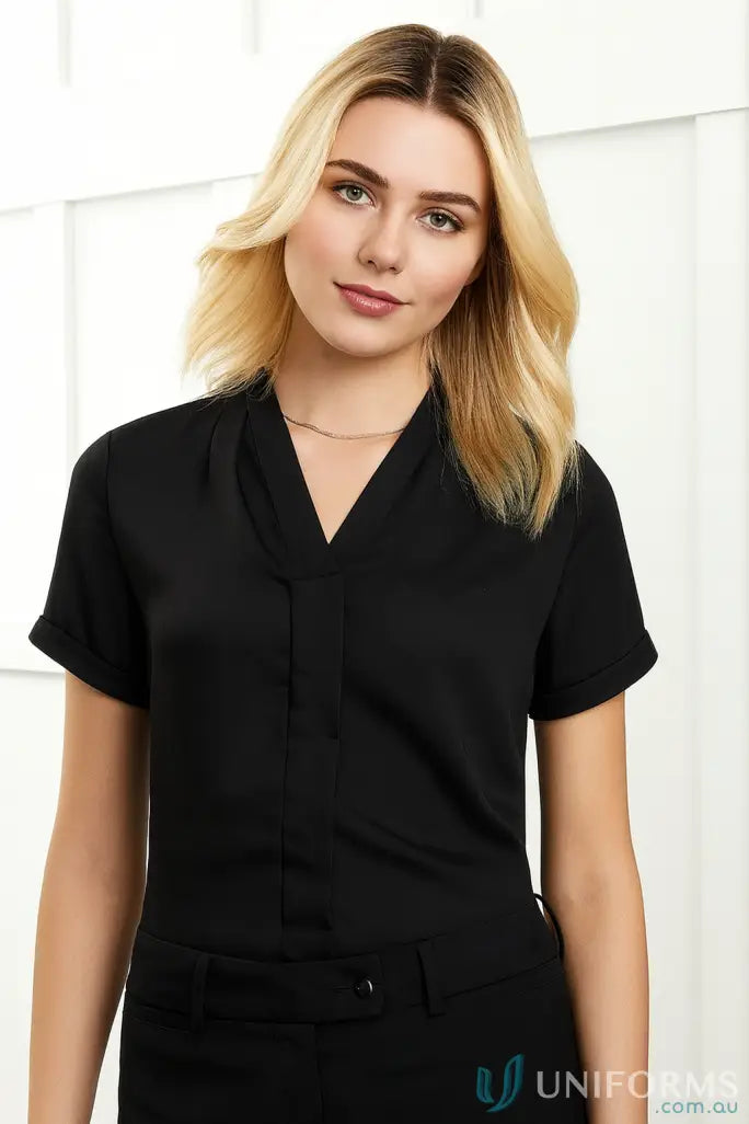 Womens black short-sleeved collared blouse from Biz Collection Madison SS Blouse