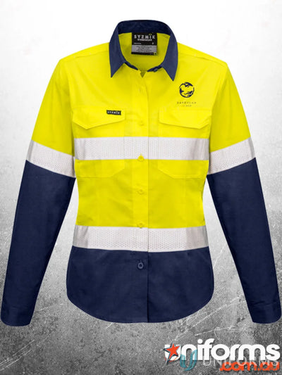 Womens rugged cooling taped hi-vis work shirt for safety and comfort on site