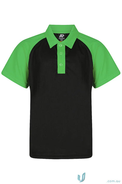 Kids black and green short-sleeved polo shirt with raglan sleeves for uniforms