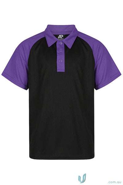 Black kids polo shirt with purple raglan sleeves and collar, perfect for uniforms
