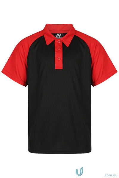 Kids polo shirt in black and red short sleeves with three buttons, perfect for uniforms