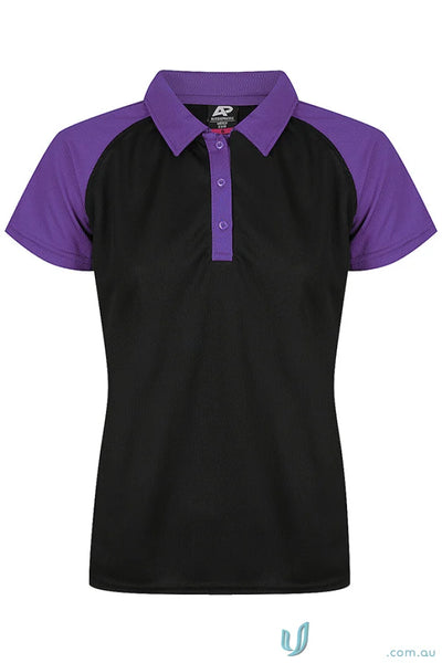 Women’s black and purple short-sleeve polo shirt made of comfy fabric for workwear or uniforms
