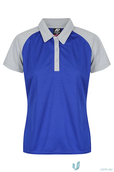 Women’s short-sleeved polo shirt with blue fabric, grey raglan sleeves, and collar for workwear
