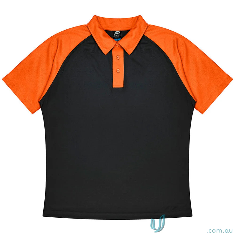 Black and orange raglan polo shirt made of comfy fabric for mens uniforms at Manly Mens Polos