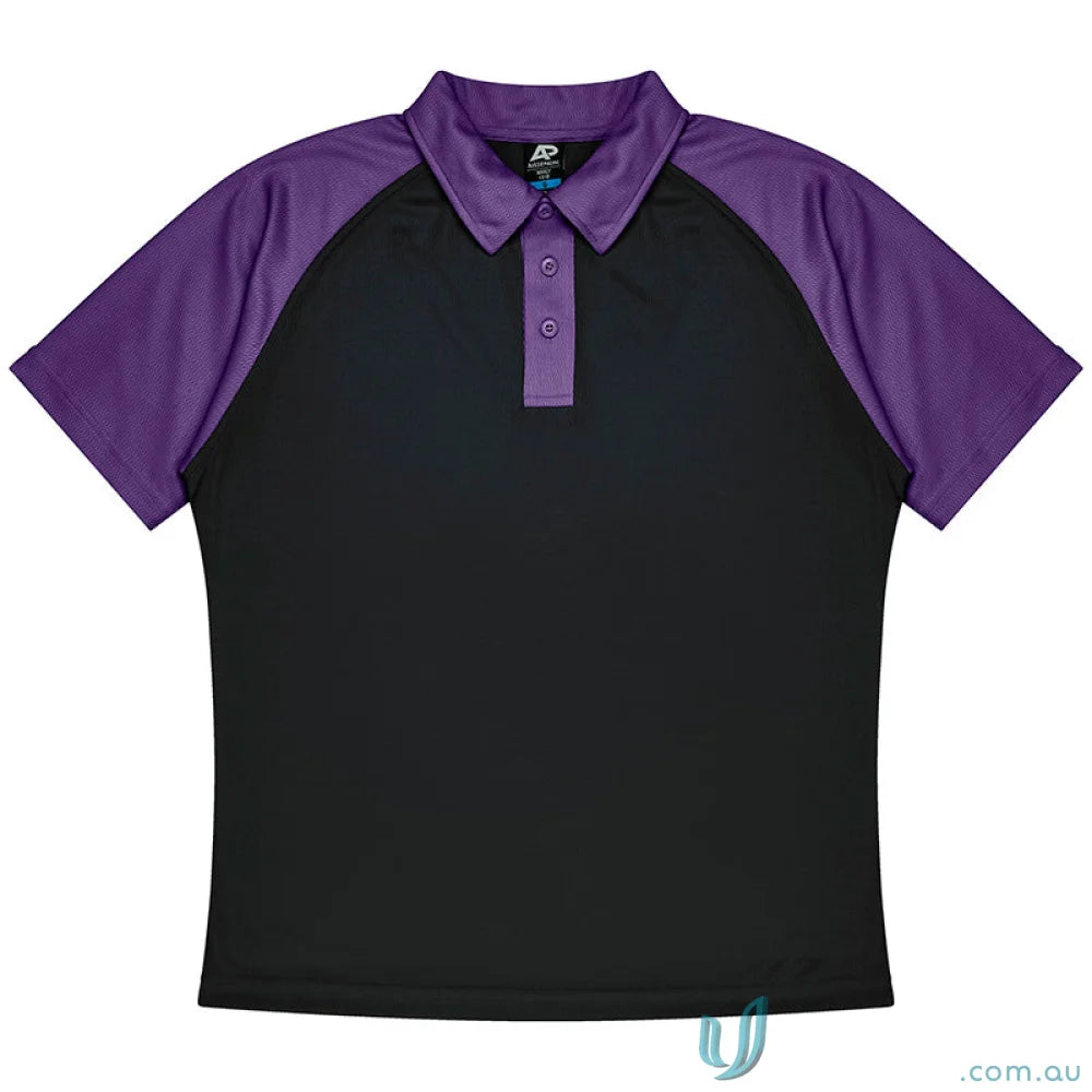 Black and purple mens polo shirt with fabric details, perfect for uniforms or casual wear