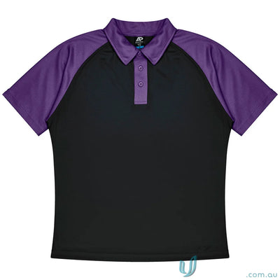 Black and purple mens polo shirt with fabric details, perfect for uniforms or casual wear