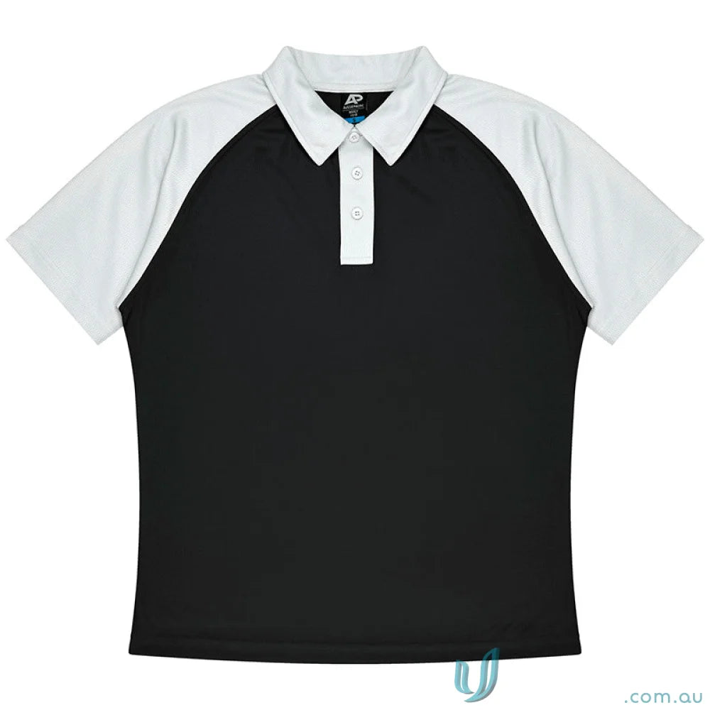 Black short-sleeve polo shirt with white raglan sleeves, perfect for mens uniforms
