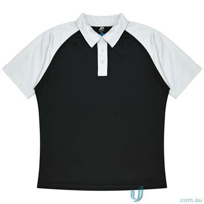 Black short-sleeve polo shirt with white raglan sleeves, perfect for mens uniforms